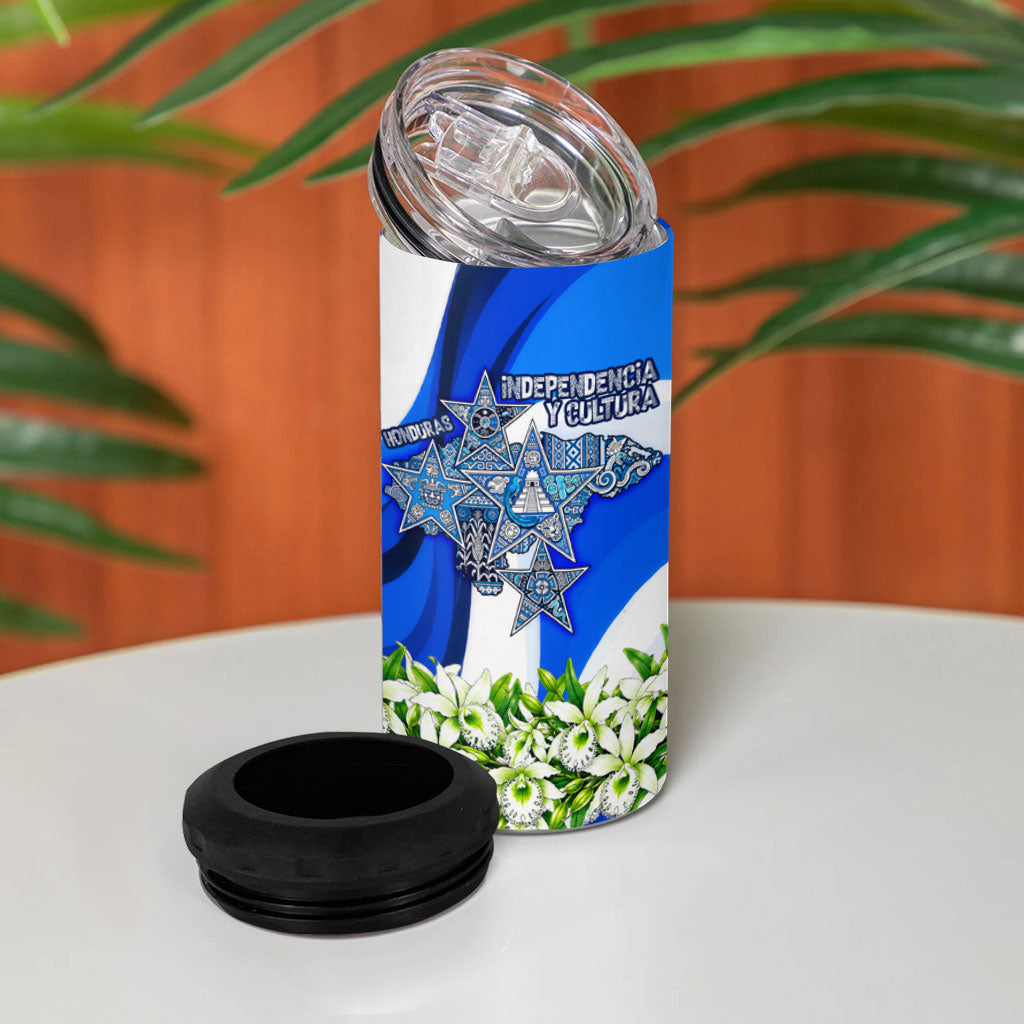 Honduras Independence Day 4 in 1 Can Cooler Tumbler Mayan Temple White Orchid Patriotic