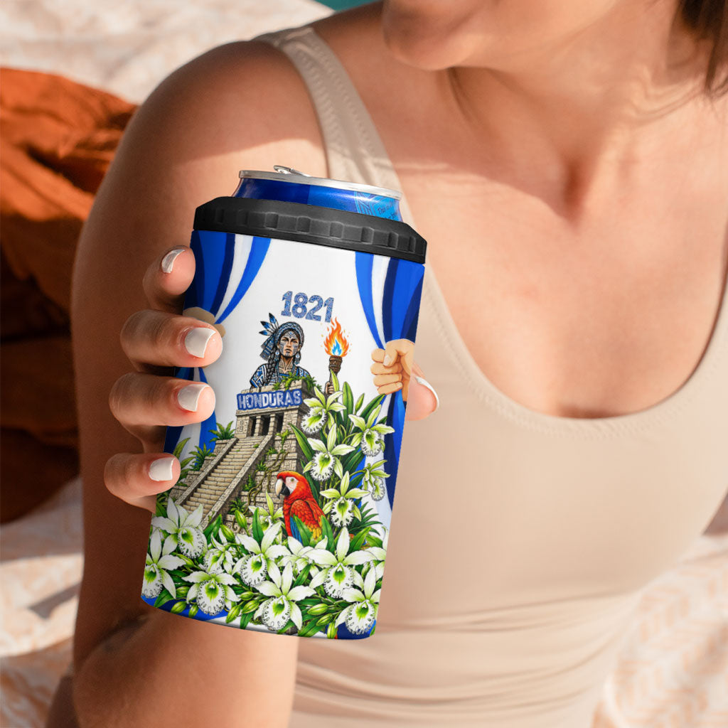 Honduras Independence Day 4 in 1 Can Cooler Tumbler Mayan Temple White Orchid Patriotic