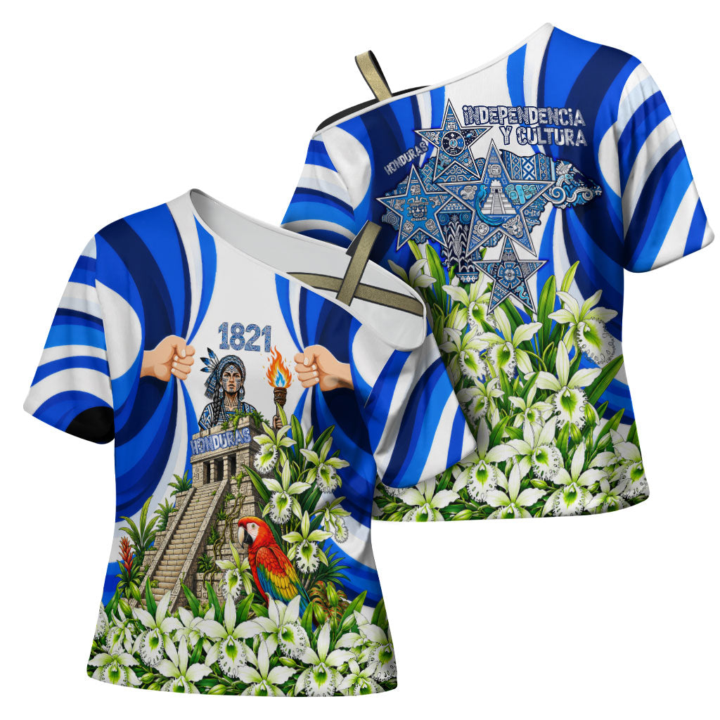 Honduras Independence Day Cross Shoulder Shirt Mayan Temple White Orchid Patriotic