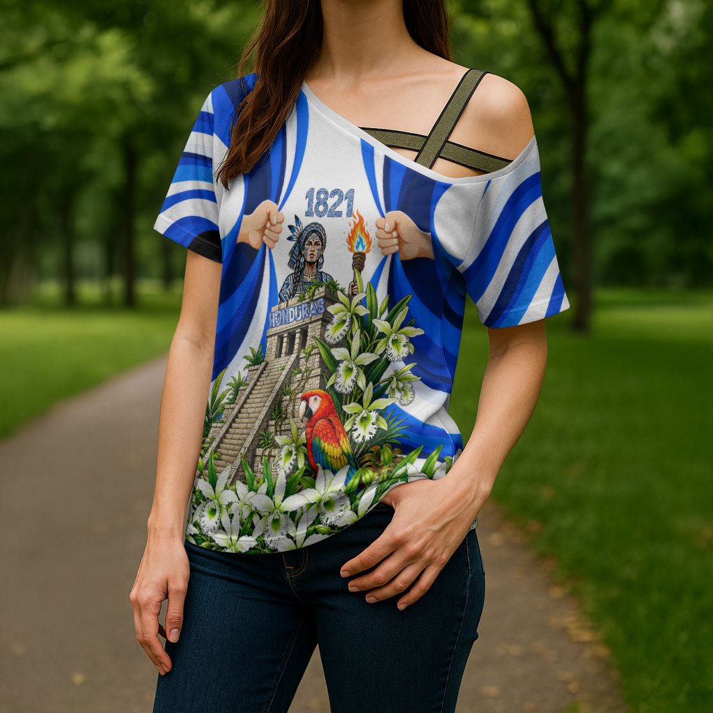 Honduras Independence Day Cross Shoulder Shirt Mayan Temple White Orchid Patriotic