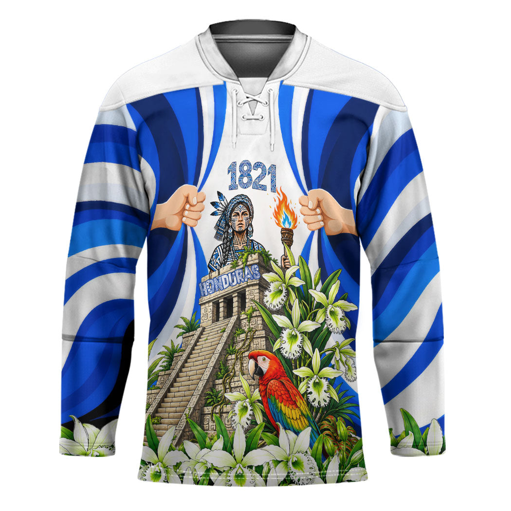 Honduras Independence Day Hockey Jersey Mayan Temple White Orchid Patriotic