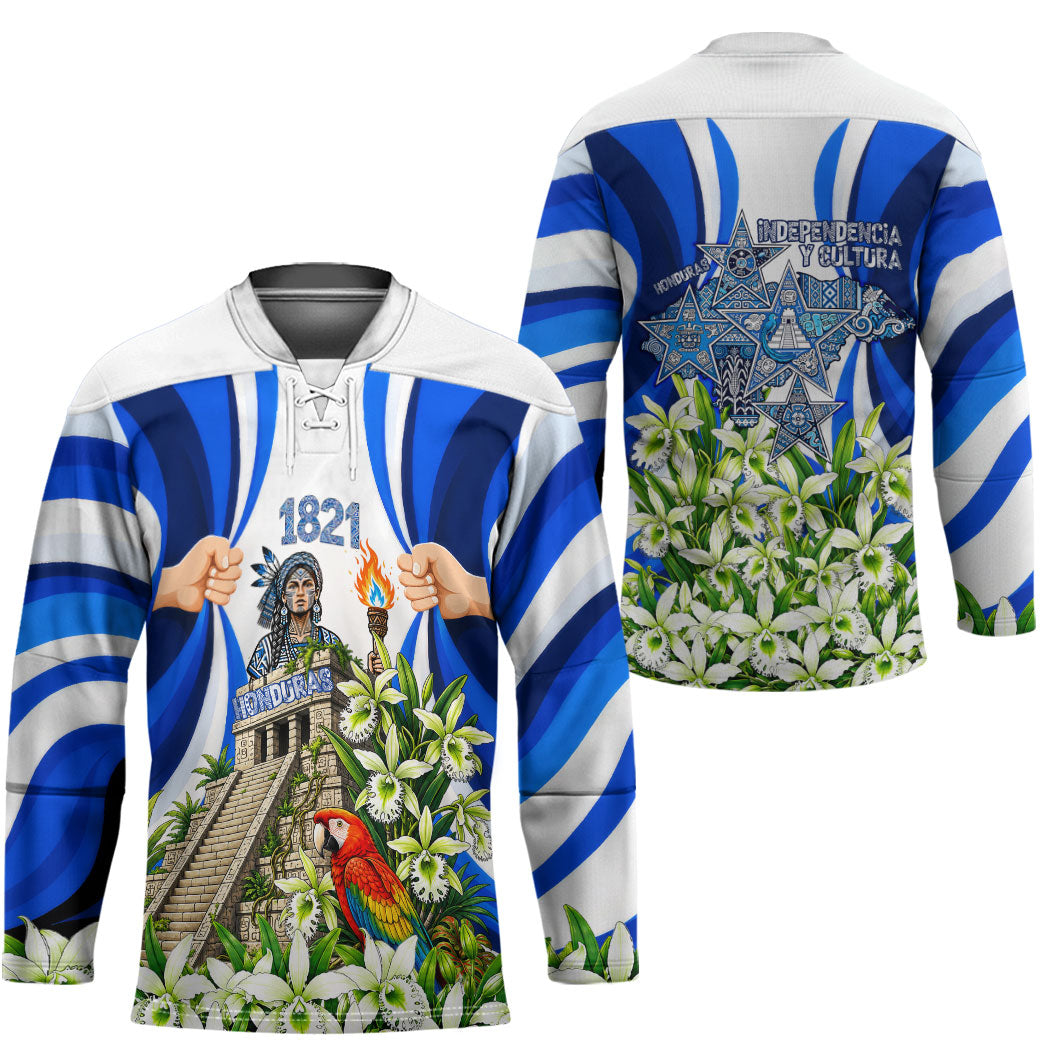 Honduras Independence Day Hockey Jersey Mayan Temple White Orchid Patriotic