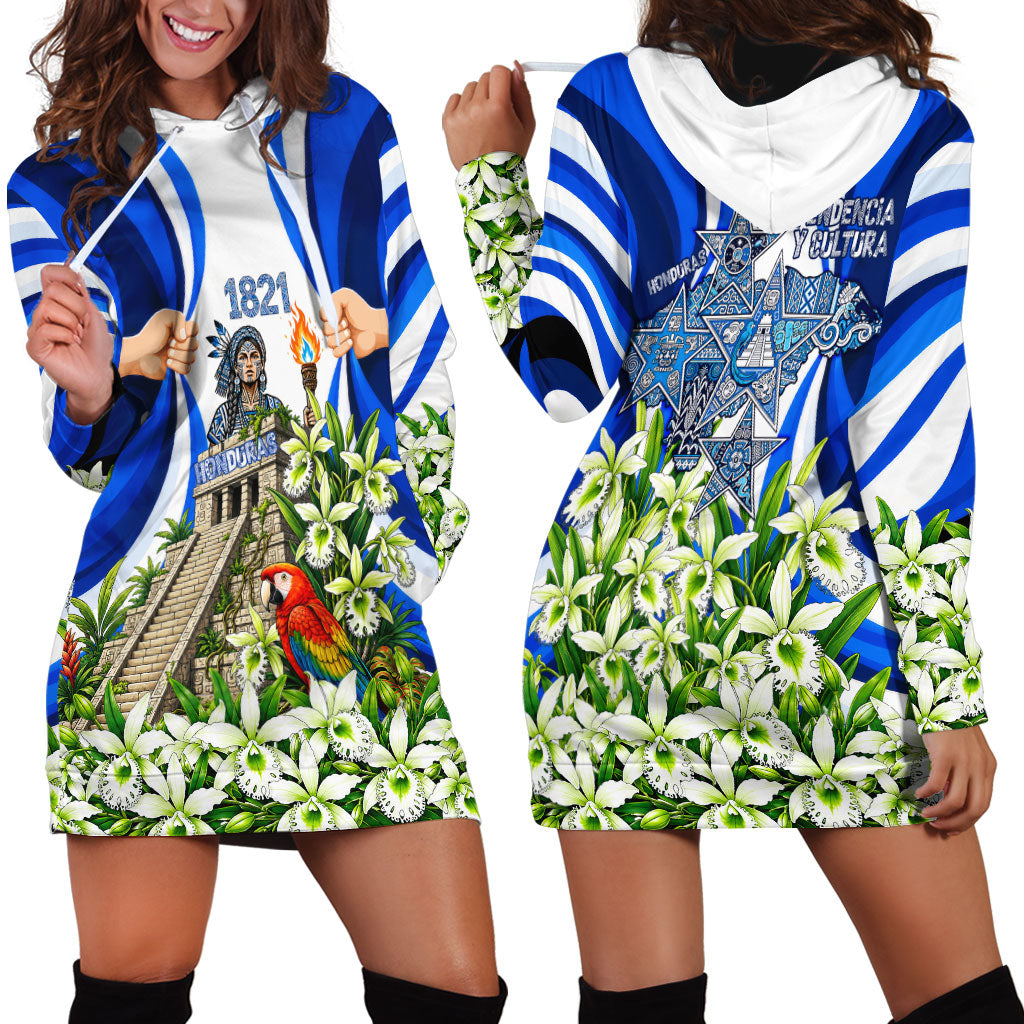 Honduras Independence Day Hoodie Dress Mayan Temple White Orchid Patriotic