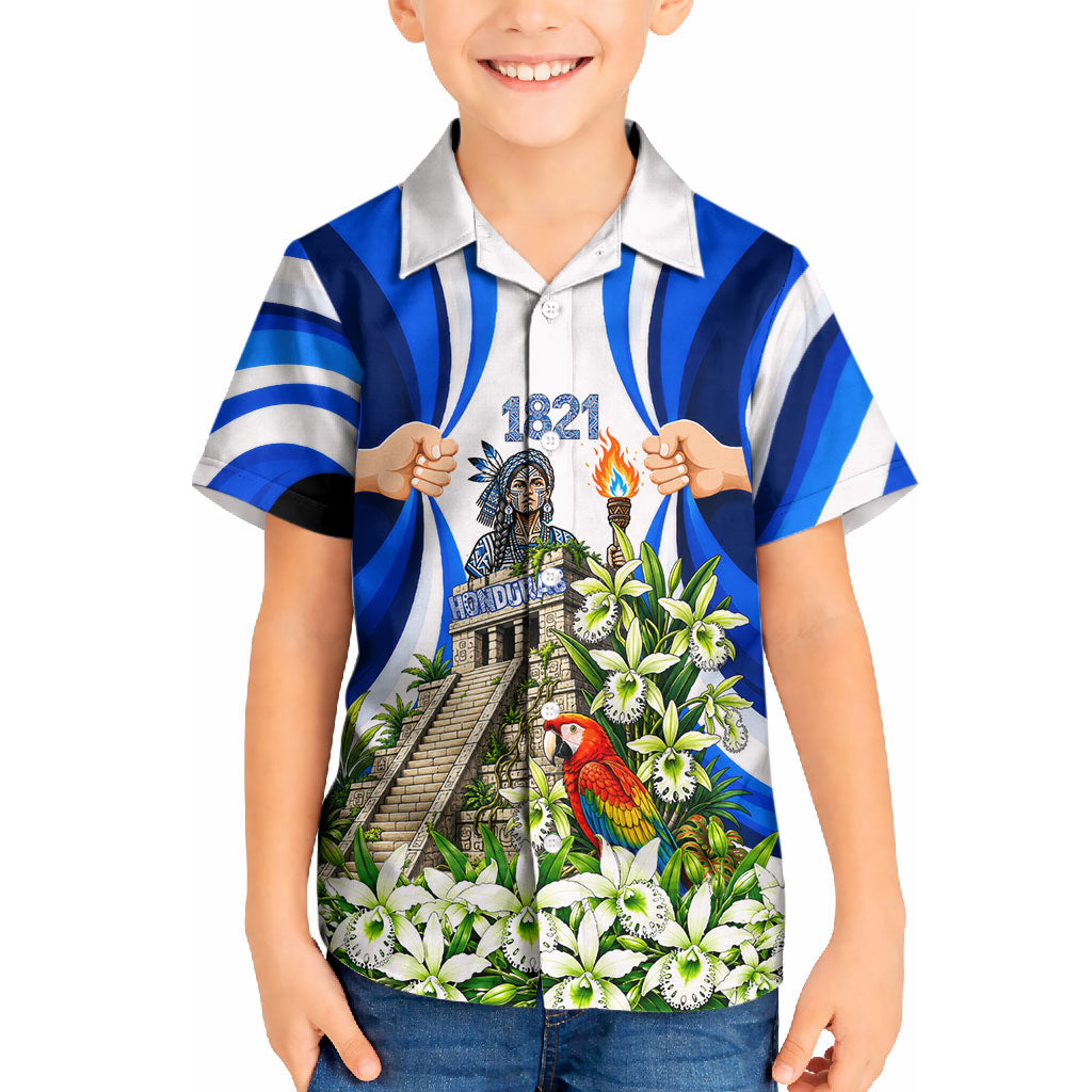 Honduras Independence Day Kid Hawaiian Shirt Mayan Temple White Orchid Patriotic