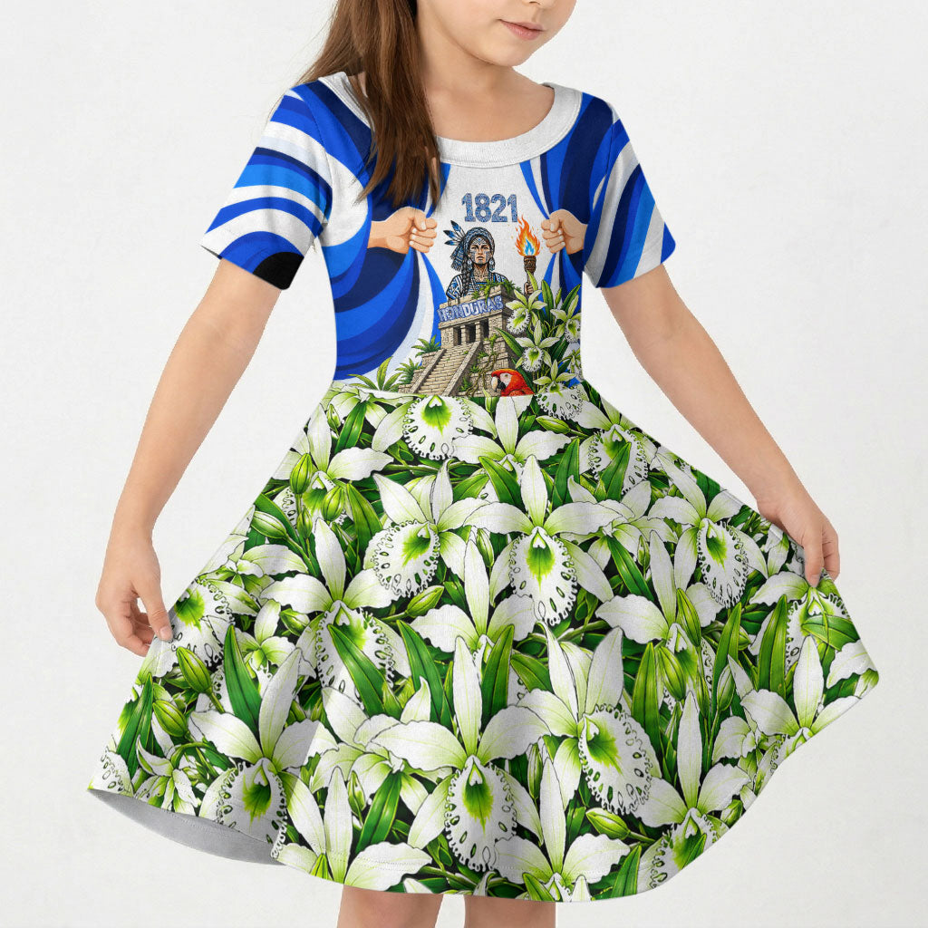 Honduras Independence Day Kid Short Sleeve Dress Mayan Temple White Orchid Patriotic