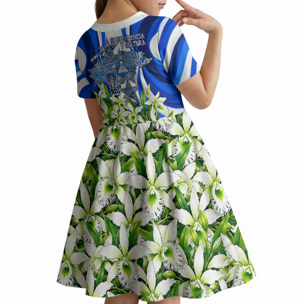 Honduras Independence Day Kid Short Sleeve Dress Mayan Temple White Orchid Patriotic