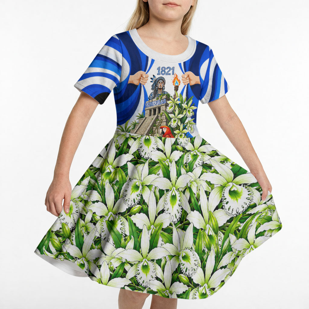 Honduras Independence Day Kid Short Sleeve Dress Mayan Temple White Orchid Patriotic
