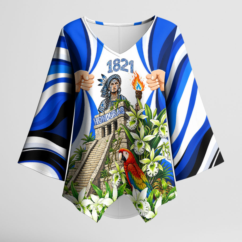Honduras Independence Day Kimono Sleeve Blouse Mayan Temple White Orchid Patriotic