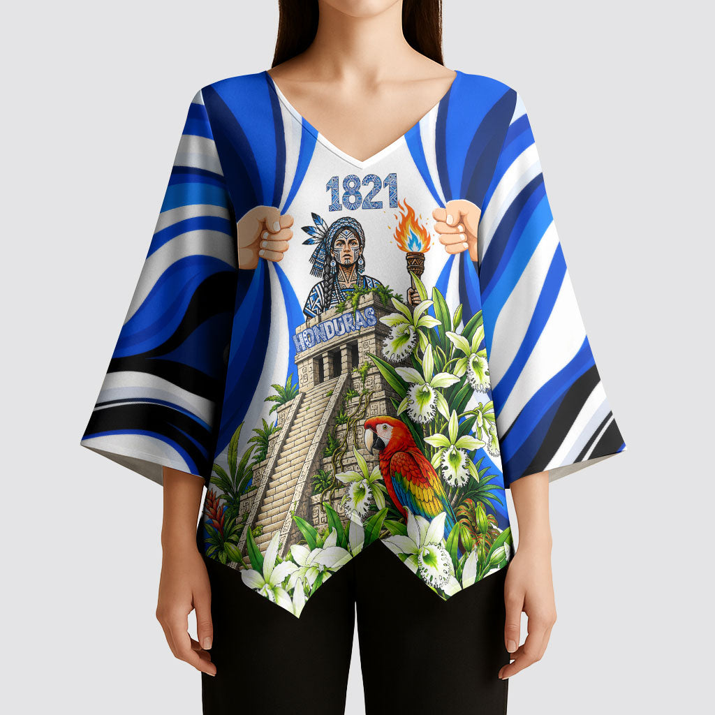Honduras Independence Day Kimono Sleeve Blouse Mayan Temple White Orchid Patriotic