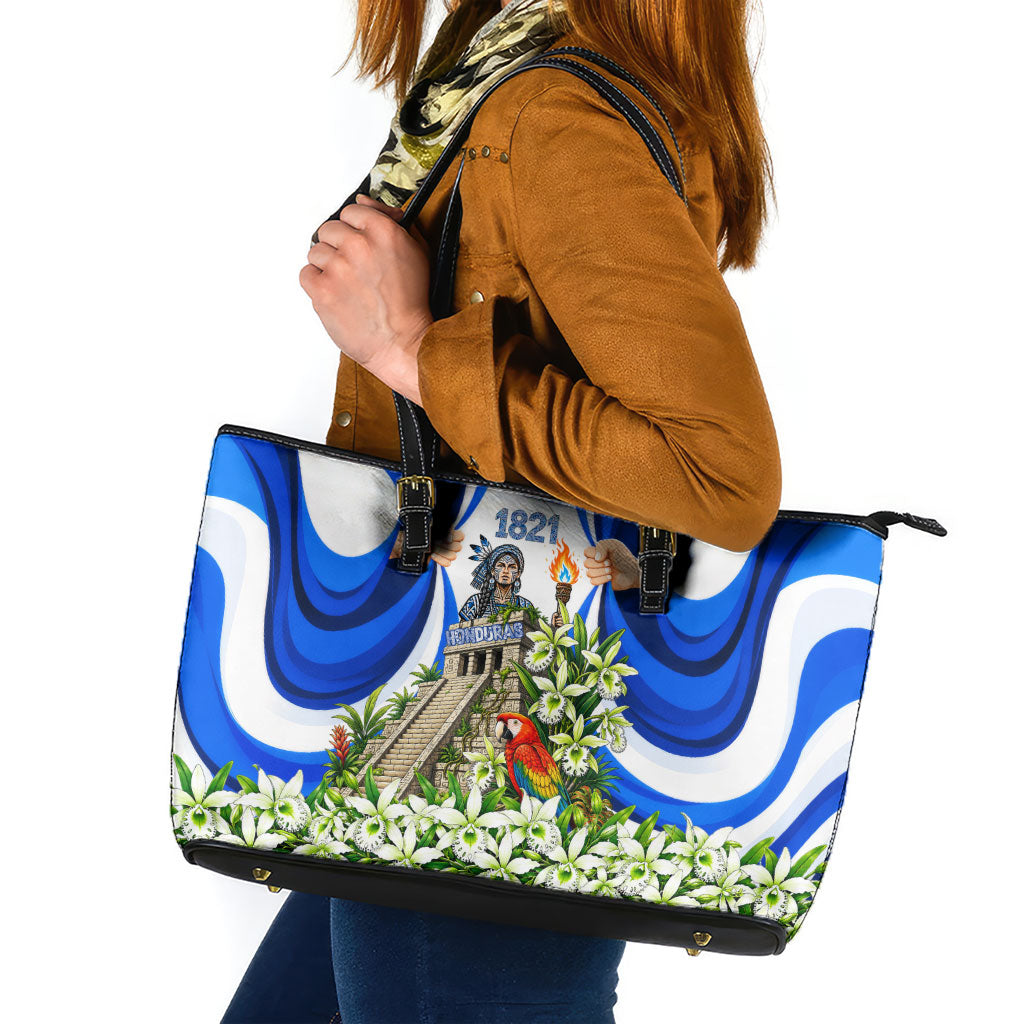 Honduras Independence Day Leather Tote Bag Mayan Temple White Orchid Patriotic
