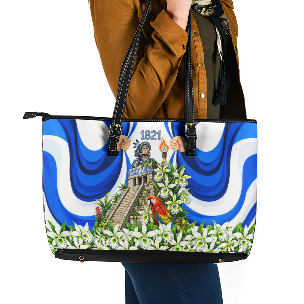 Honduras Independence Day Leather Tote Bag Mayan Temple White Orchid Patriotic