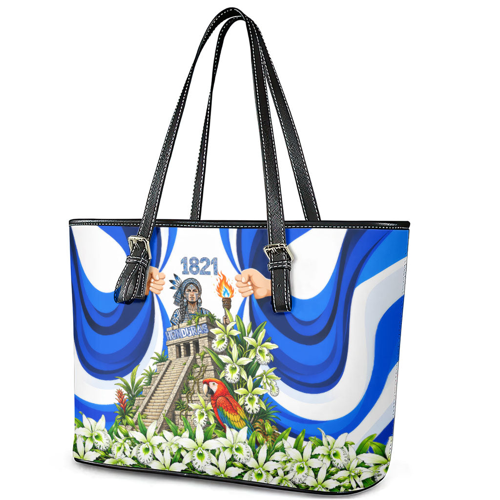 Honduras Independence Day Leather Tote Bag Mayan Temple White Orchid Patriotic