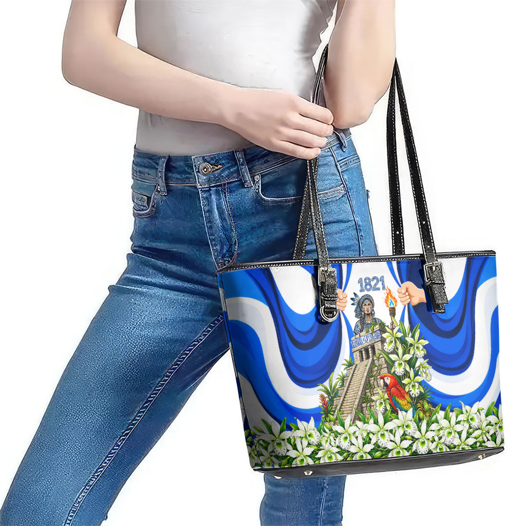 Honduras Independence Day Leather Tote Bag Mayan Temple White Orchid Patriotic