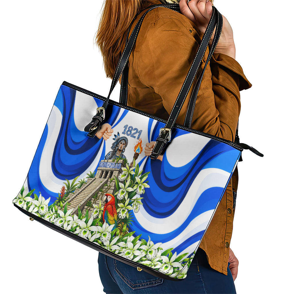 Honduras Independence Day Leather Tote Bag Mayan Temple White Orchid Patriotic