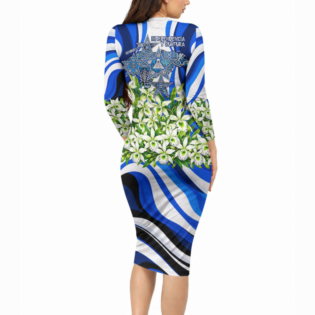 Honduras Independence Day Long Sleeve Bodycon Dress Mayan Temple White Orchid Patriotic