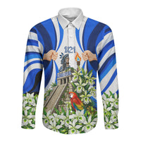 Honduras Independence Day Long Sleeve Button Shirt Mayan Temple White Orchid Patriotic