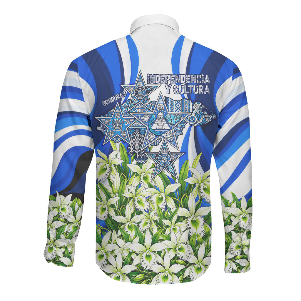 Honduras Independence Day Long Sleeve Button Shirt Mayan Temple White Orchid Patriotic