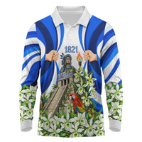 Honduras Independence Day Long Sleeve Polo Shirt Mayan Temple White Orchid Patriotic