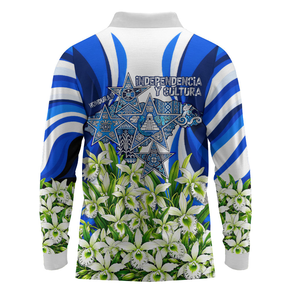 Honduras Independence Day Long Sleeve Polo Shirt Mayan Temple White Orchid Patriotic