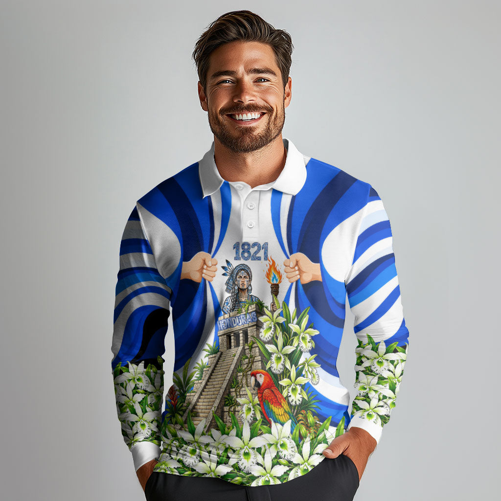 Honduras Independence Day Long Sleeve Polo Shirt Mayan Temple White Orchid Patriotic