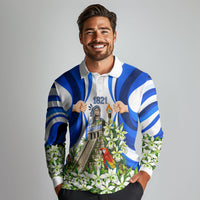 Honduras Independence Day Long Sleeve Polo Shirt Mayan Temple White Orchid Patriotic