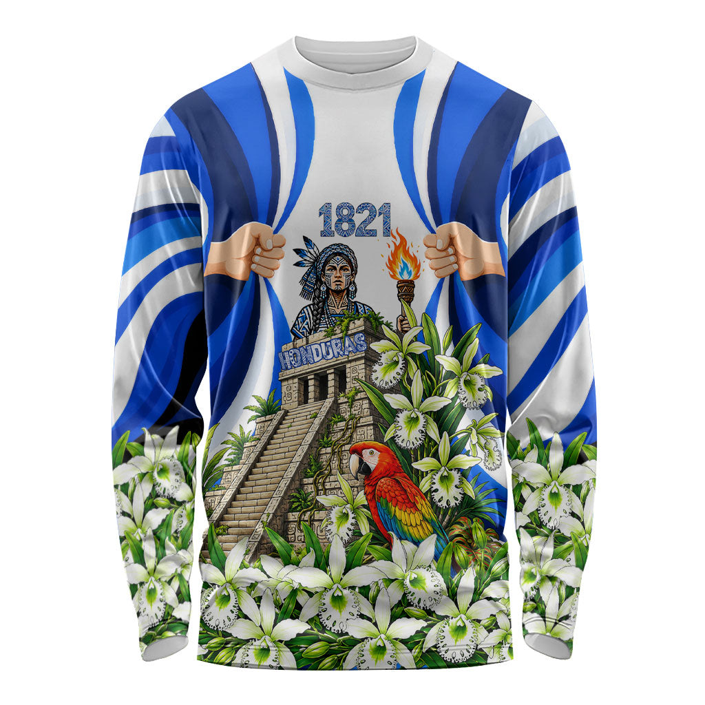 Honduras Independence Day Long Sleeve Shirt Mayan Temple White Orchid Patriotic