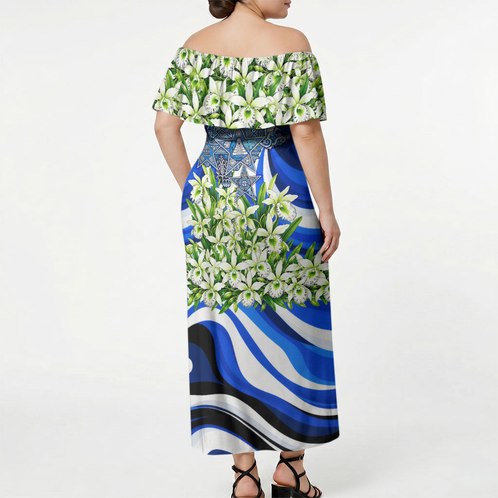 Honduras Independence Day Off Shoulder Maxi Dress Mayan Temple White Orchid Patriotic