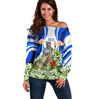 Honduras Independence Day Off Shoulder Sweater Mayan Temple White Orchid Patriotic