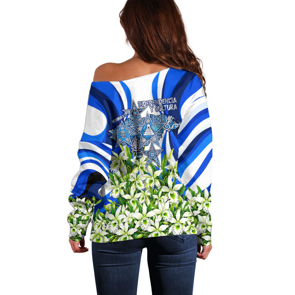 Honduras Independence Day Off Shoulder Sweater Mayan Temple White Orchid Patriotic