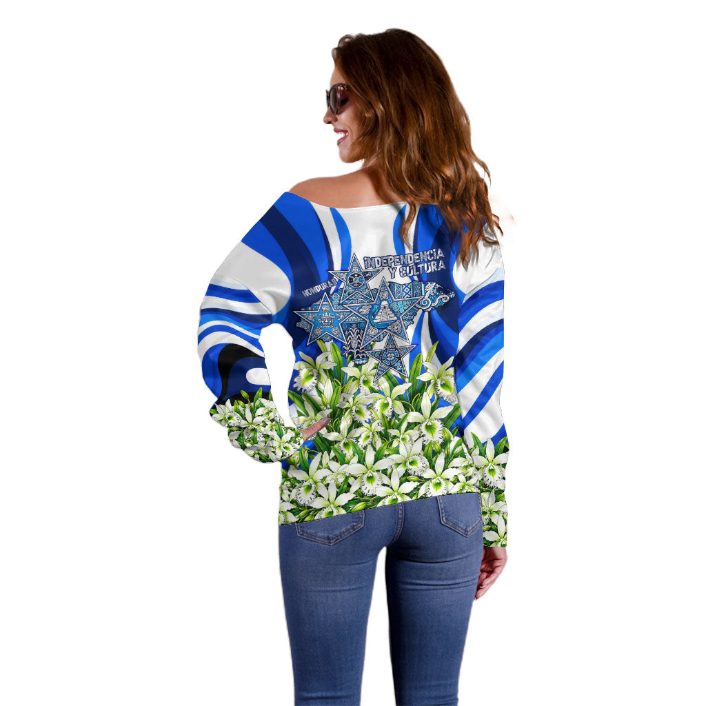 Honduras Independence Day Off Shoulder Sweater Mayan Temple White Orchid Patriotic