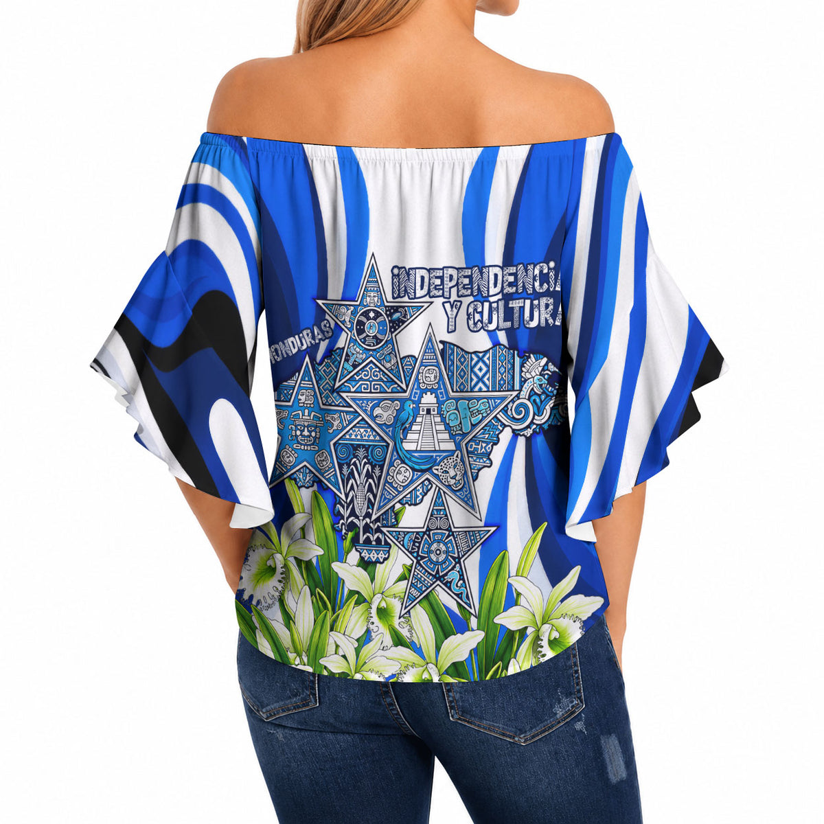 Honduras Independence Day Off Shoulder Wrap Waist Top Mayan Temple White Orchid Patriotic