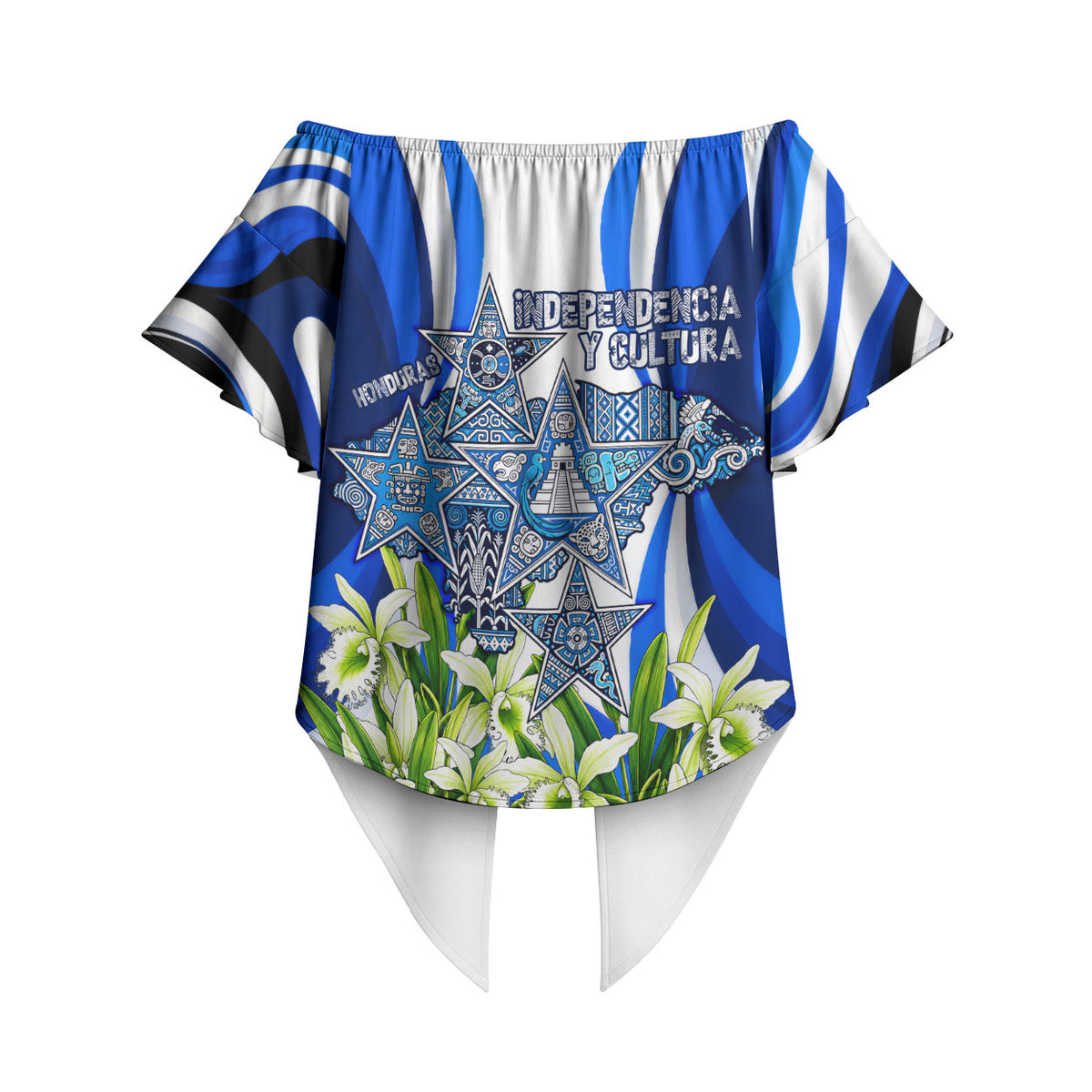 Honduras Independence Day Off Shoulder Wrap Waist Top Mayan Temple White Orchid Patriotic