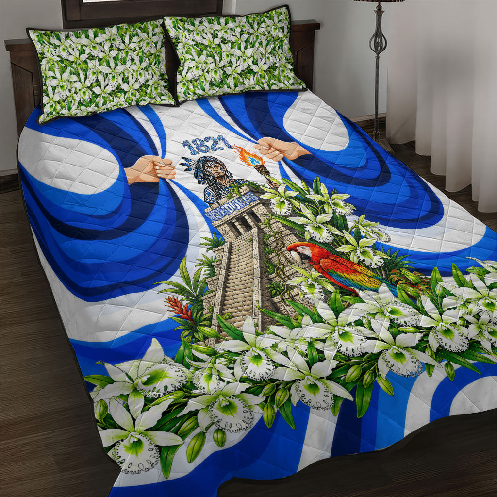 Honduras Independence Day Quilt Bed Set Mayan Temple White Orchid Patriotic