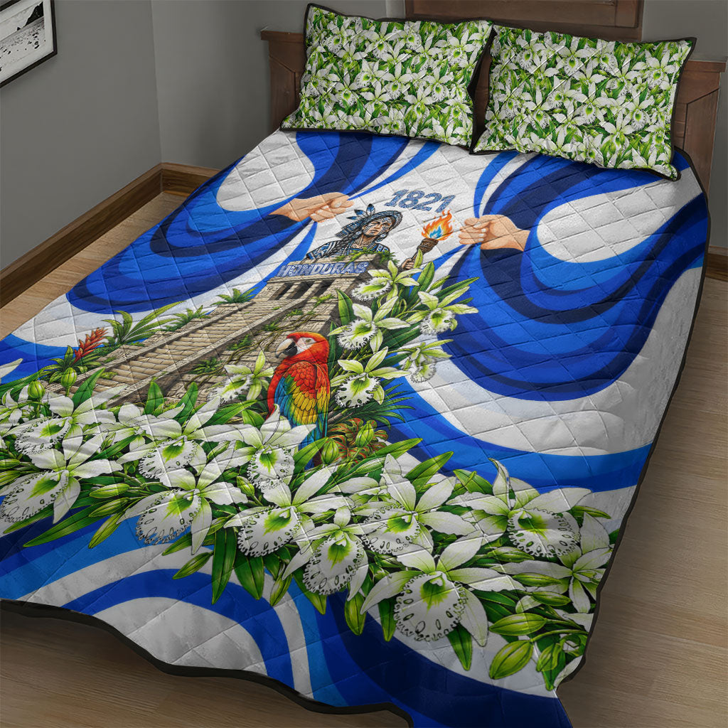 Honduras Independence Day Quilt Bed Set Mayan Temple White Orchid Patriotic