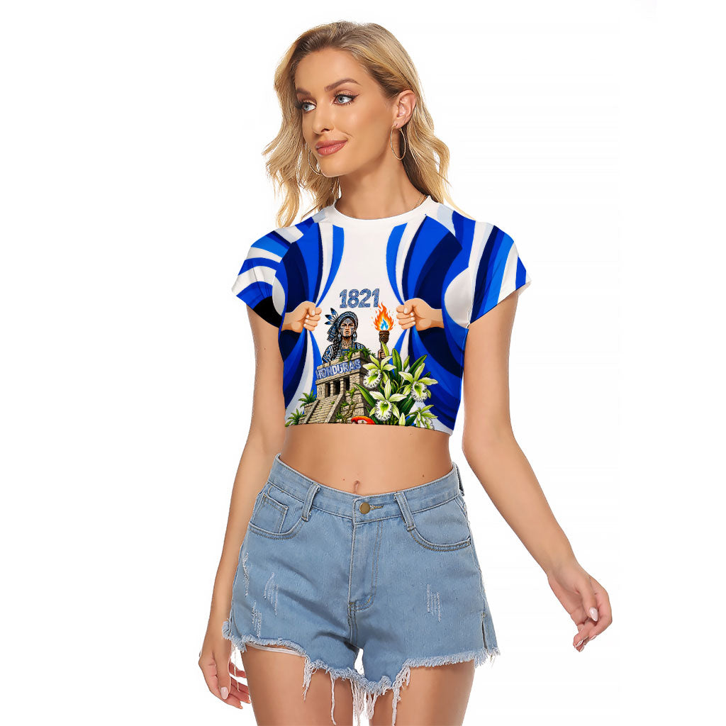 Honduras Independence Day Raglan Cropped T Shirt Mayan Temple White Orchid Patriotic