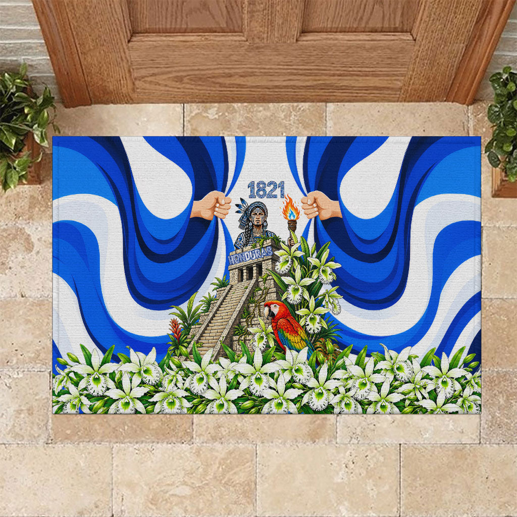 Honduras Independence Day Rubber Doormat Mayan Temple White Orchid Patriotic