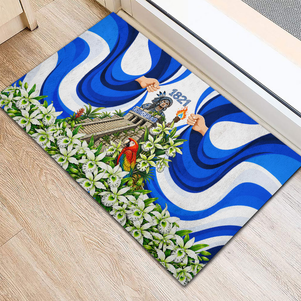 Honduras Independence Day Rubber Doormat Mayan Temple White Orchid Patriotic