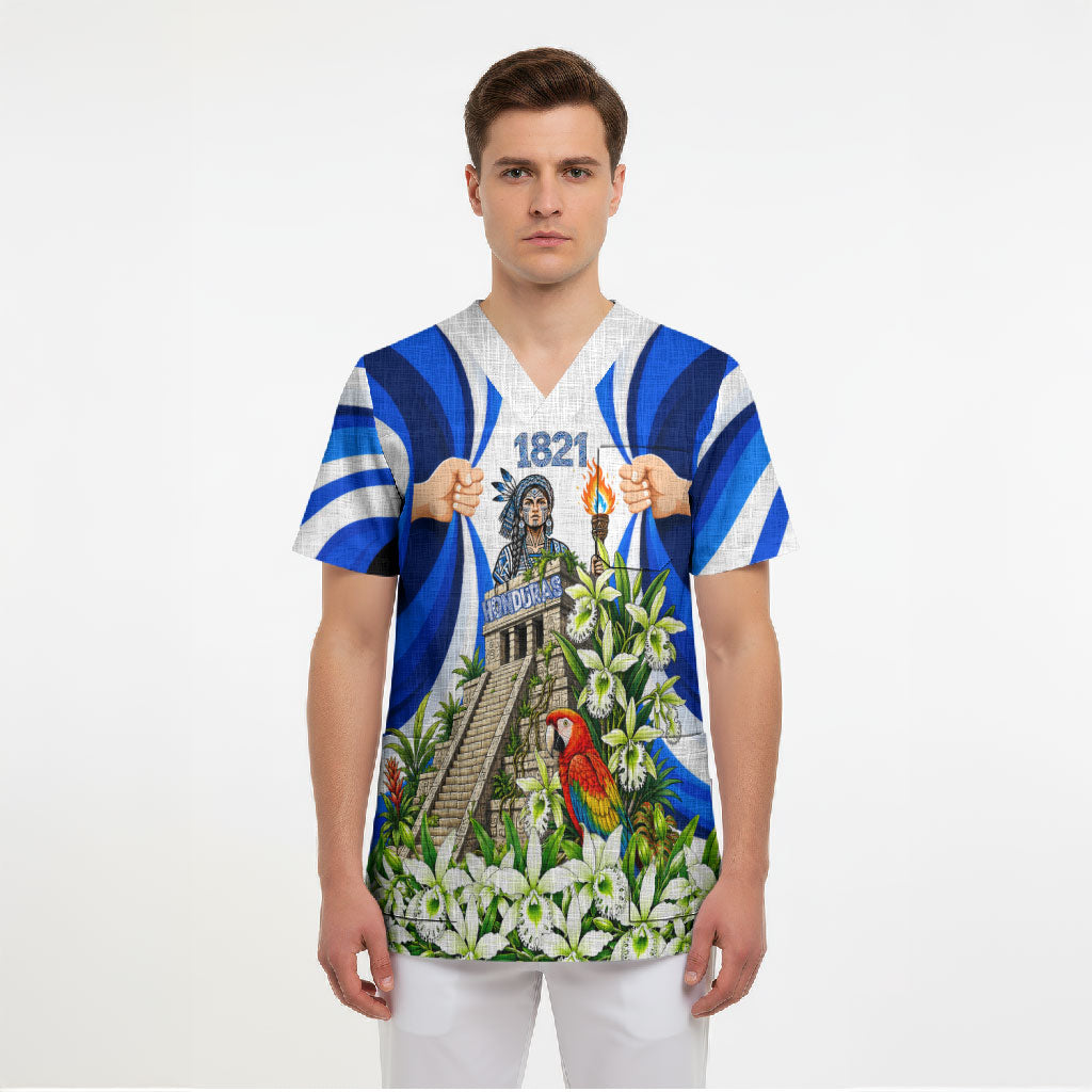 Honduras Independence Day Scrub Top Mayan Temple White Orchid Patriotic