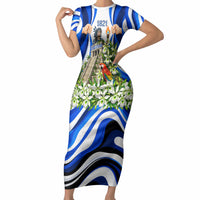 Honduras Independence Day Short Sleeve Bodycon Dress Mayan Temple White Orchid Patriotic
