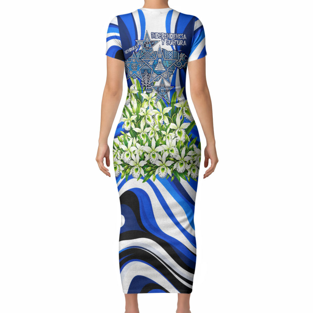Honduras Independence Day Short Sleeve Bodycon Dress Mayan Temple White Orchid Patriotic