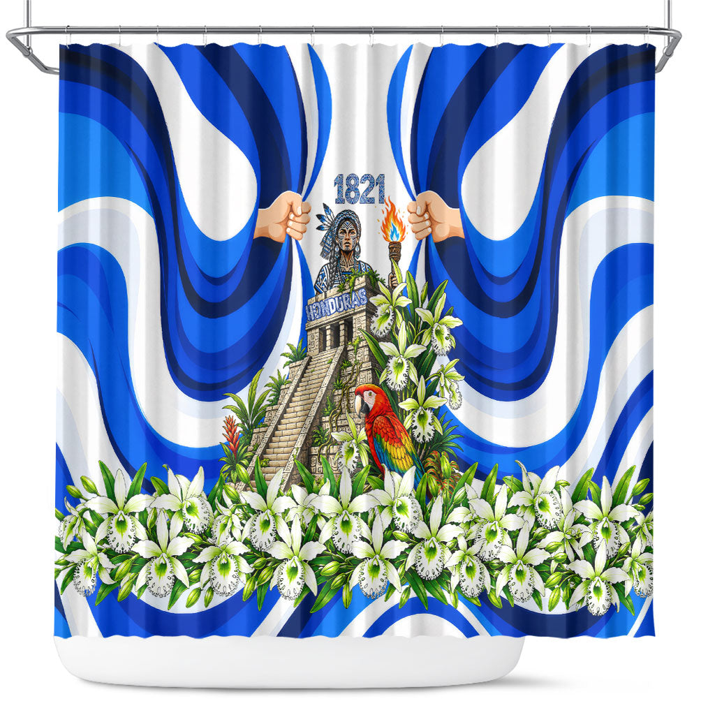 Honduras Independence Day Shower Curtain Mayan Temple White Orchid Patriotic