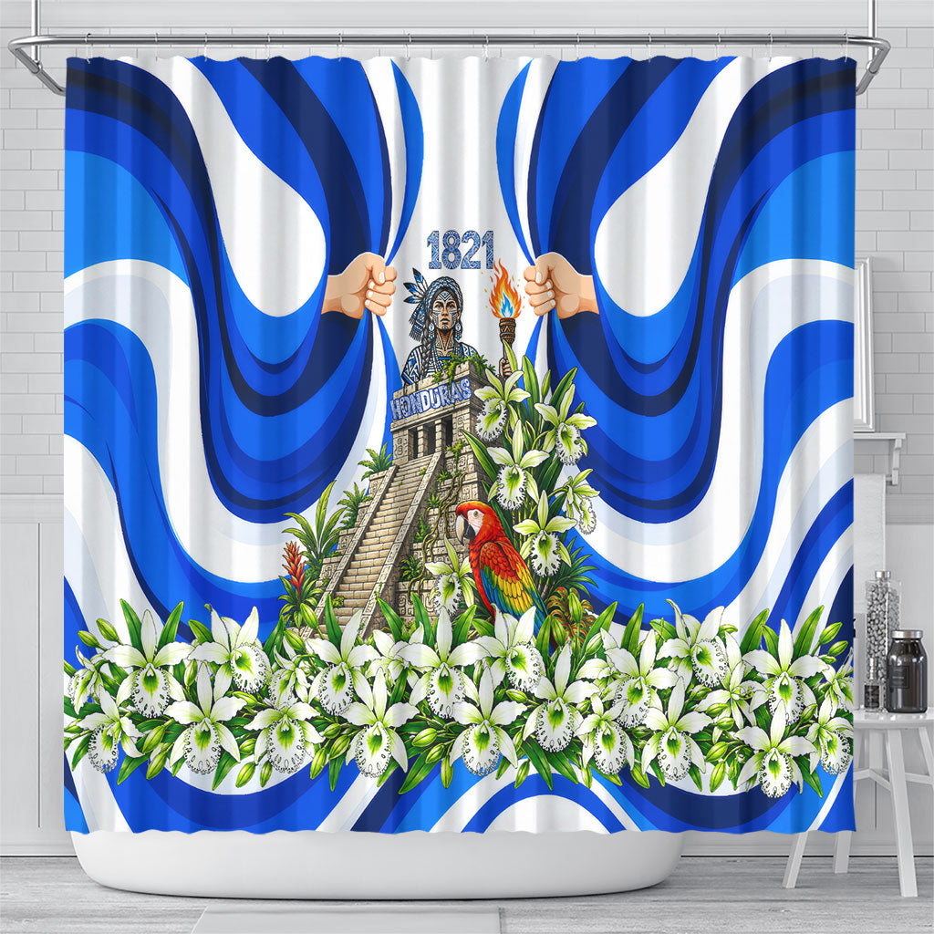 Honduras Independence Day Shower Curtain Mayan Temple White Orchid Patriotic