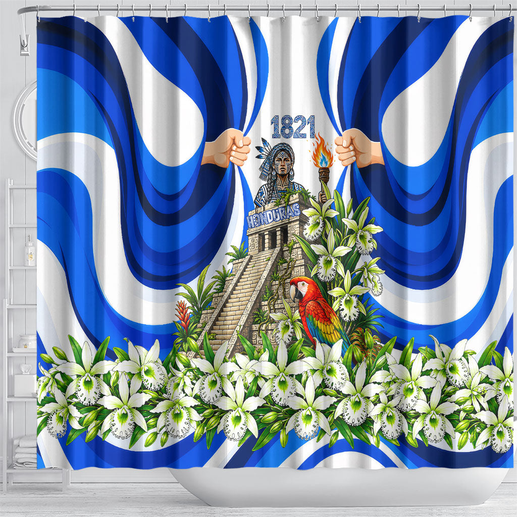 Honduras Independence Day Shower Curtain Mayan Temple White Orchid Patriotic