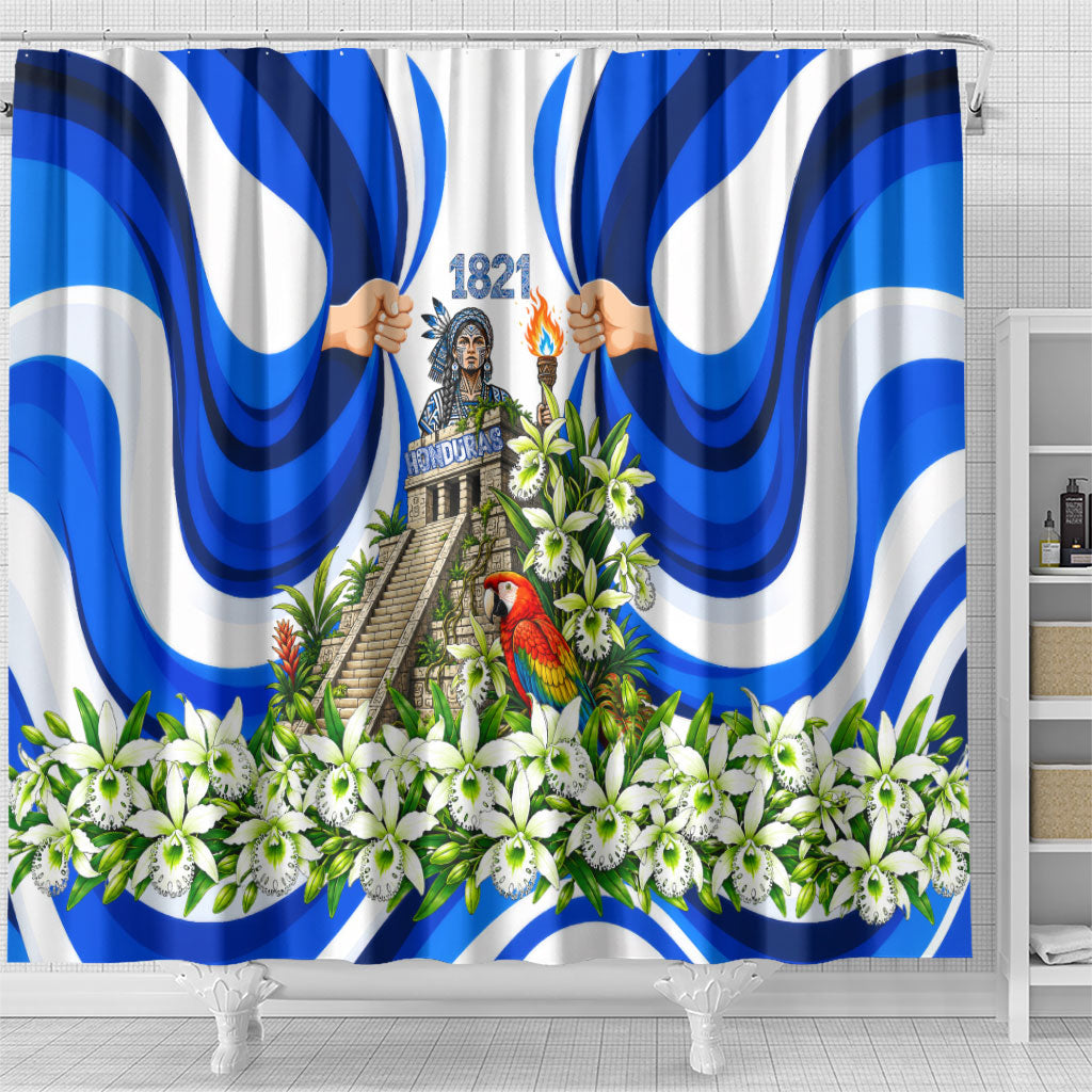 Honduras Independence Day Shower Curtain Mayan Temple White Orchid Patriotic