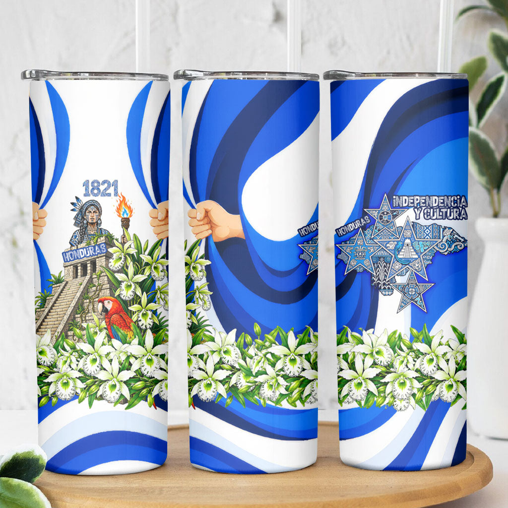 Honduras Independence Day Skinny Tumbler Mayan Temple White Orchid Patriotic