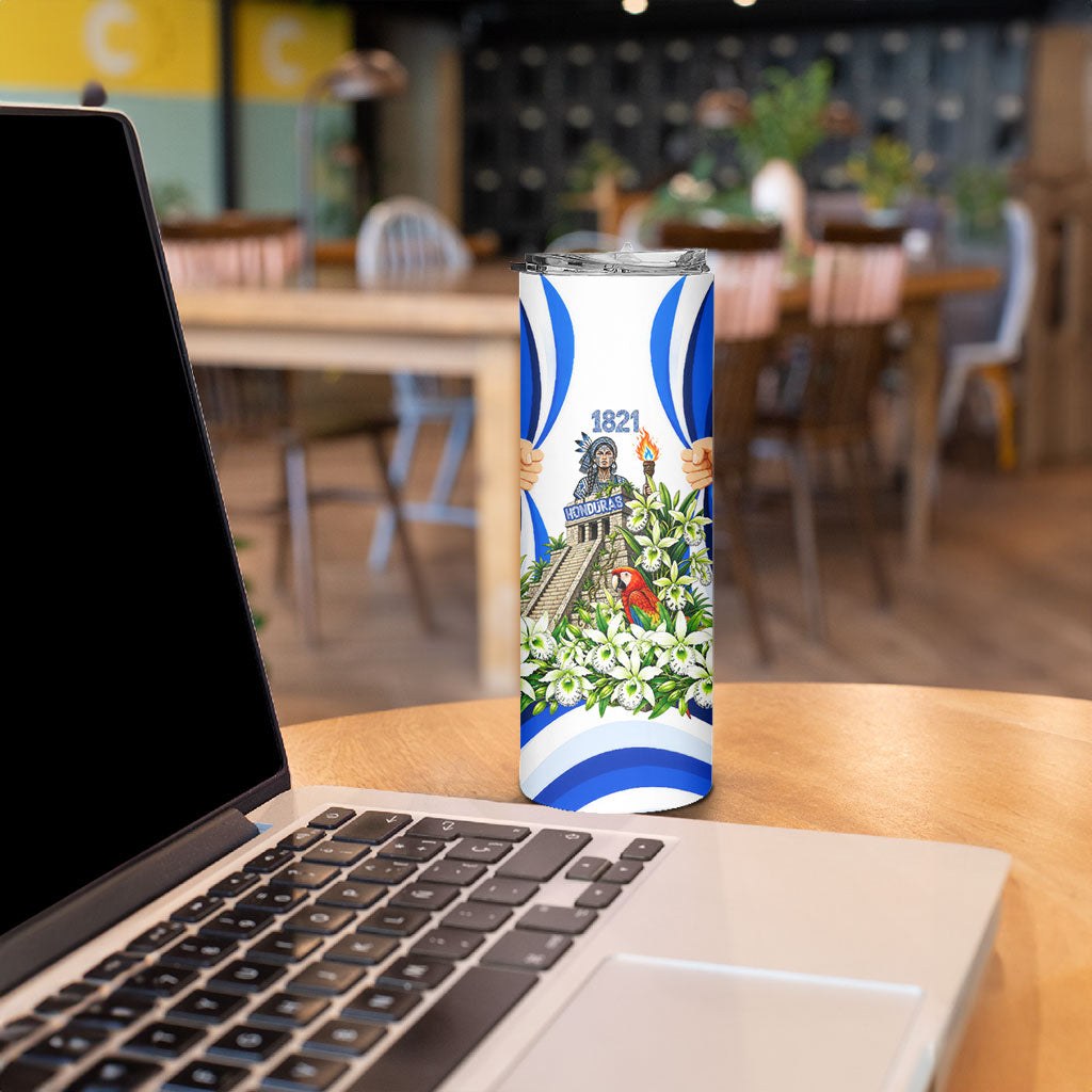 Honduras Independence Day Skinny Tumbler Mayan Temple White Orchid Patriotic
