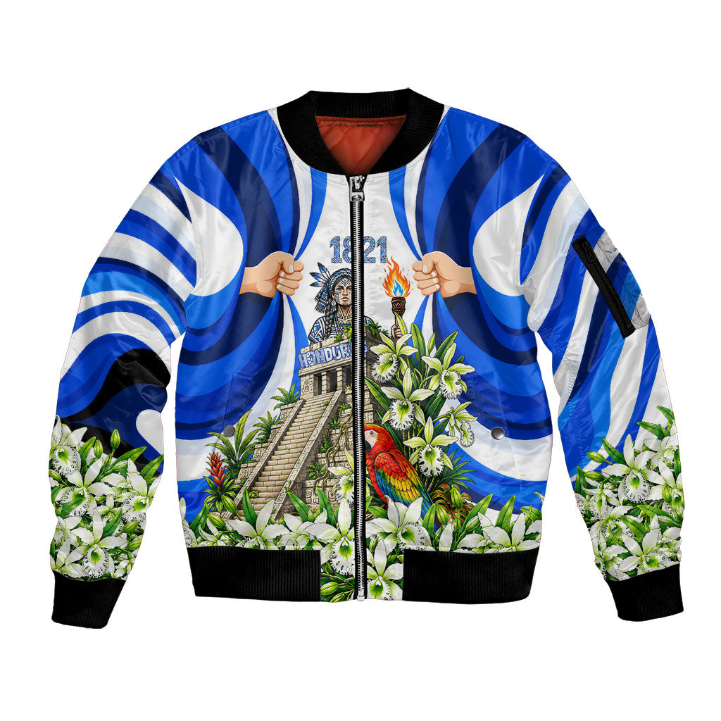 Honduras Independence Day Sleeve Zip Bomber Jacket Mayan Temple White Orchid Patriotic