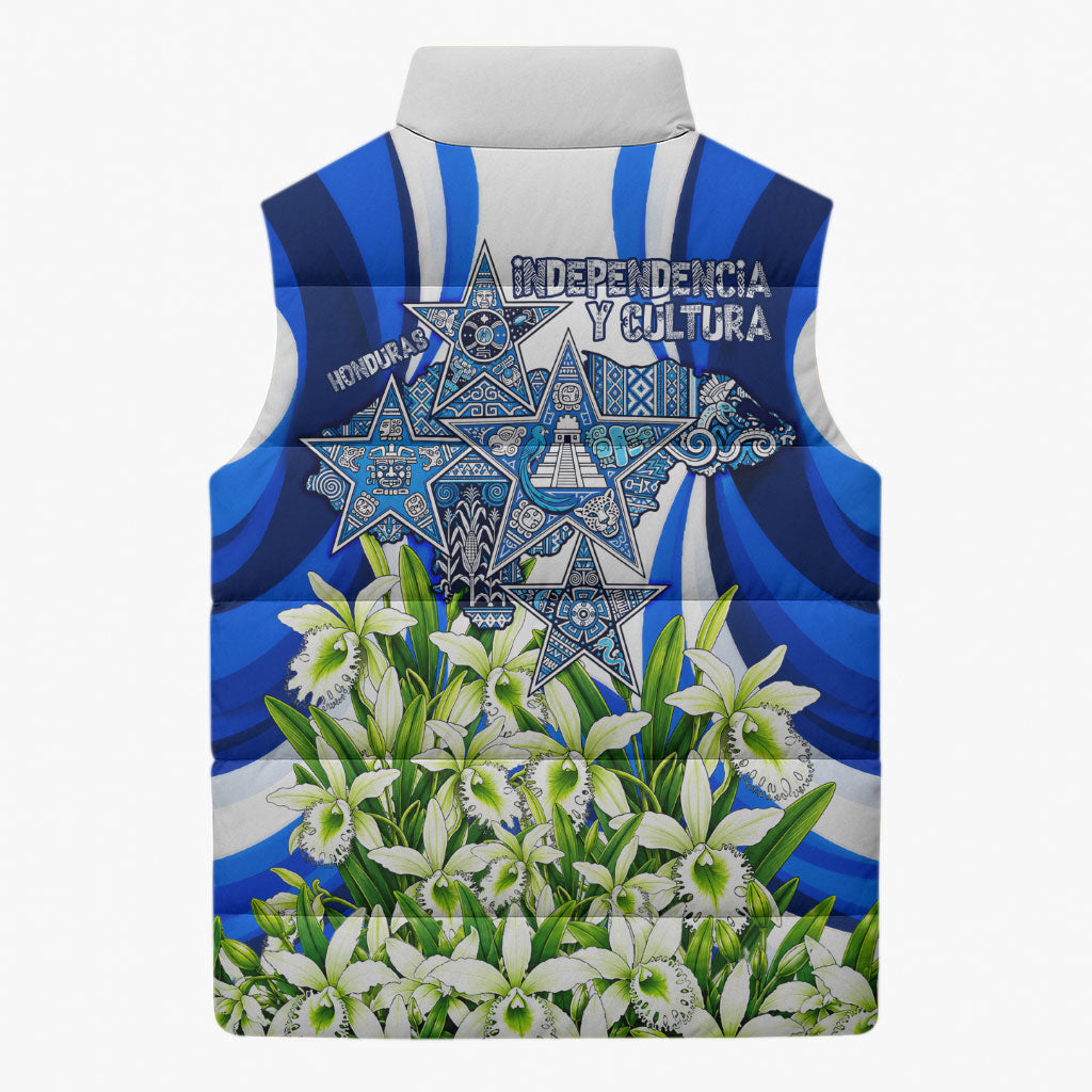 Honduras Independence Day Sleeveless Puffer Jacket Mayan Temple White Orchid Patriotic