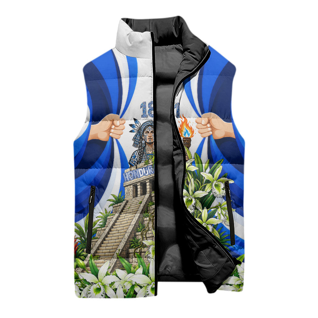 Honduras Independence Day Sleeveless Puffer Jacket Mayan Temple White Orchid Patriotic