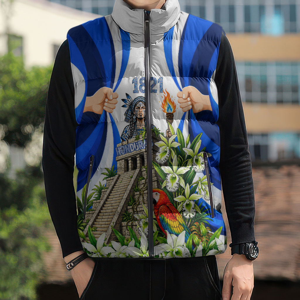 Honduras Independence Day Sleeveless Puffer Jacket Mayan Temple White Orchid Patriotic
